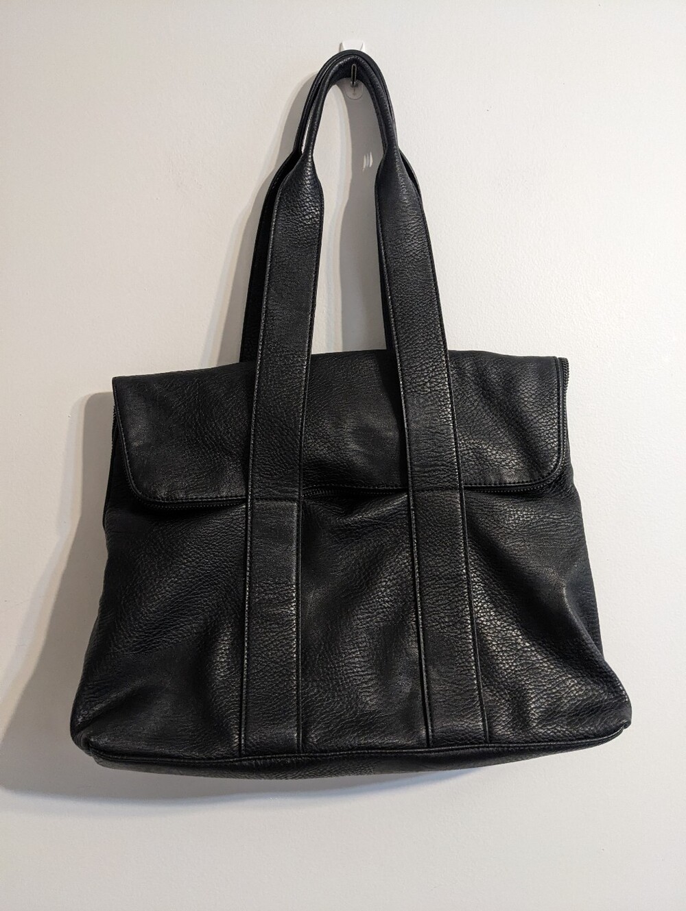 Sandwich_ Fold Over Opening Faux Leather Satchel Bag | Black